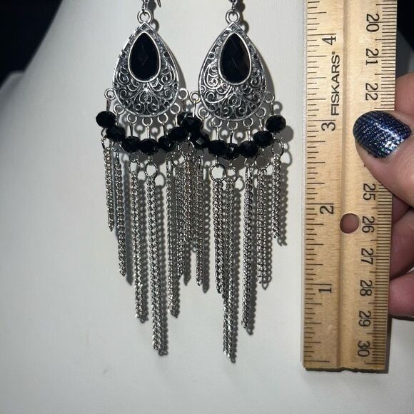 Silver Tone and Black Bead Long Boho Earrings - Picture 6 of 7